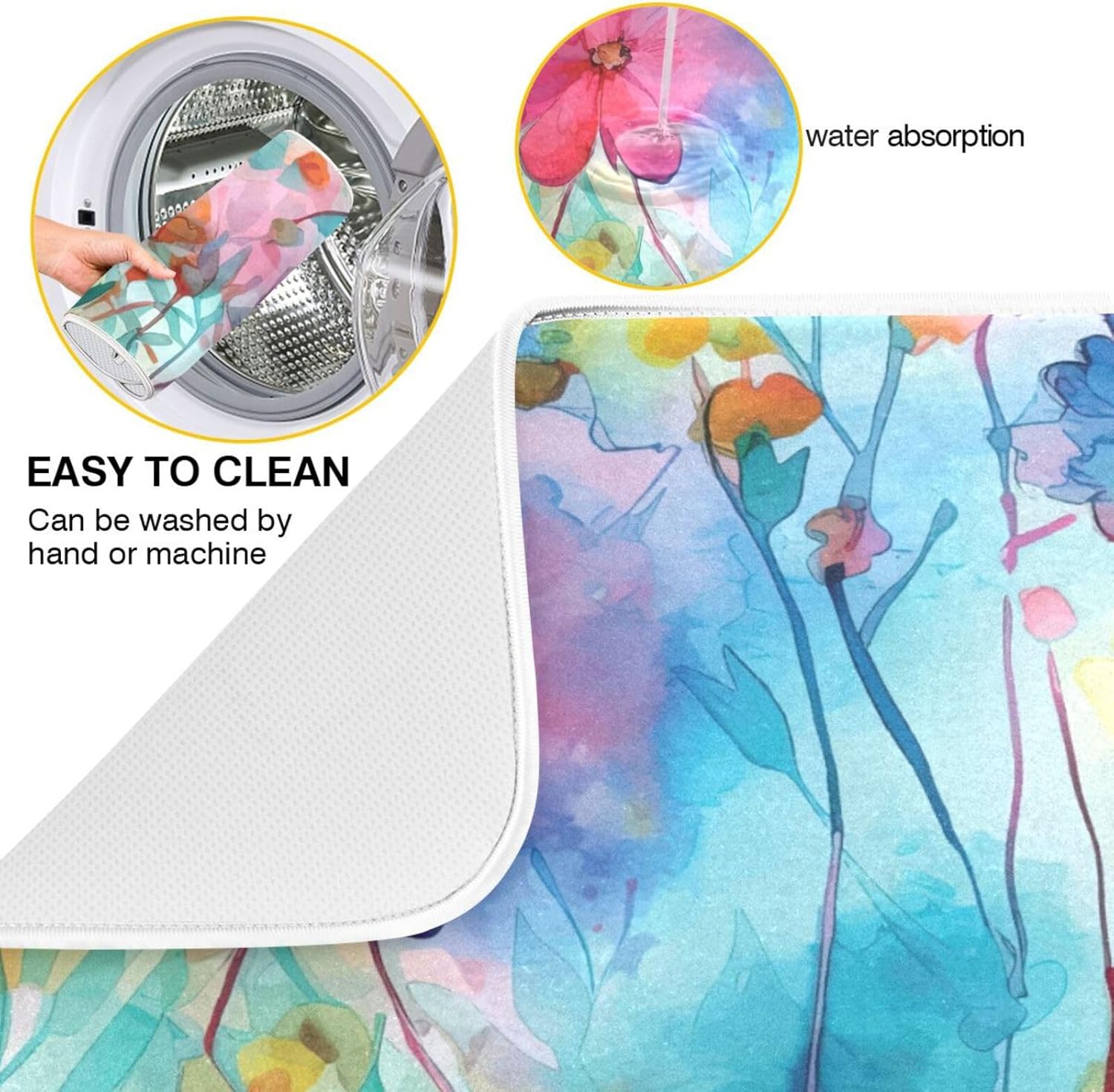 Colorful Beautiful Flowers Dish Drying Mat for Kitchen Counter Absorbent Microfiber Drying Pad, Large 18x24 in, Reversible Drainer Mats