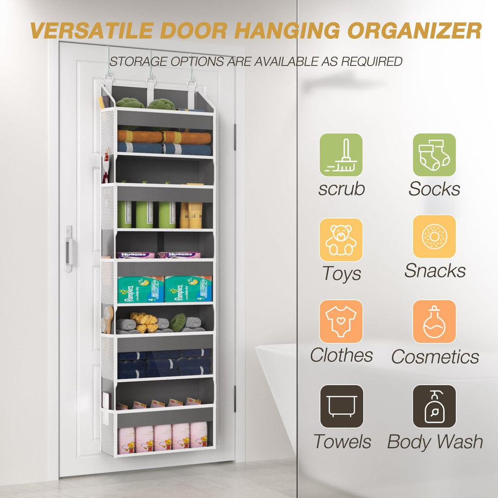 Over the Door Organizer with 5 Front & 10 Mesh Side Pockets, 50LB Capacity Extra Large Hanging Storage Organizer Multi-Room Space-Saving Design with 3 Sturdy Hook for Closet, Bathroom, Kitchen, Pantry