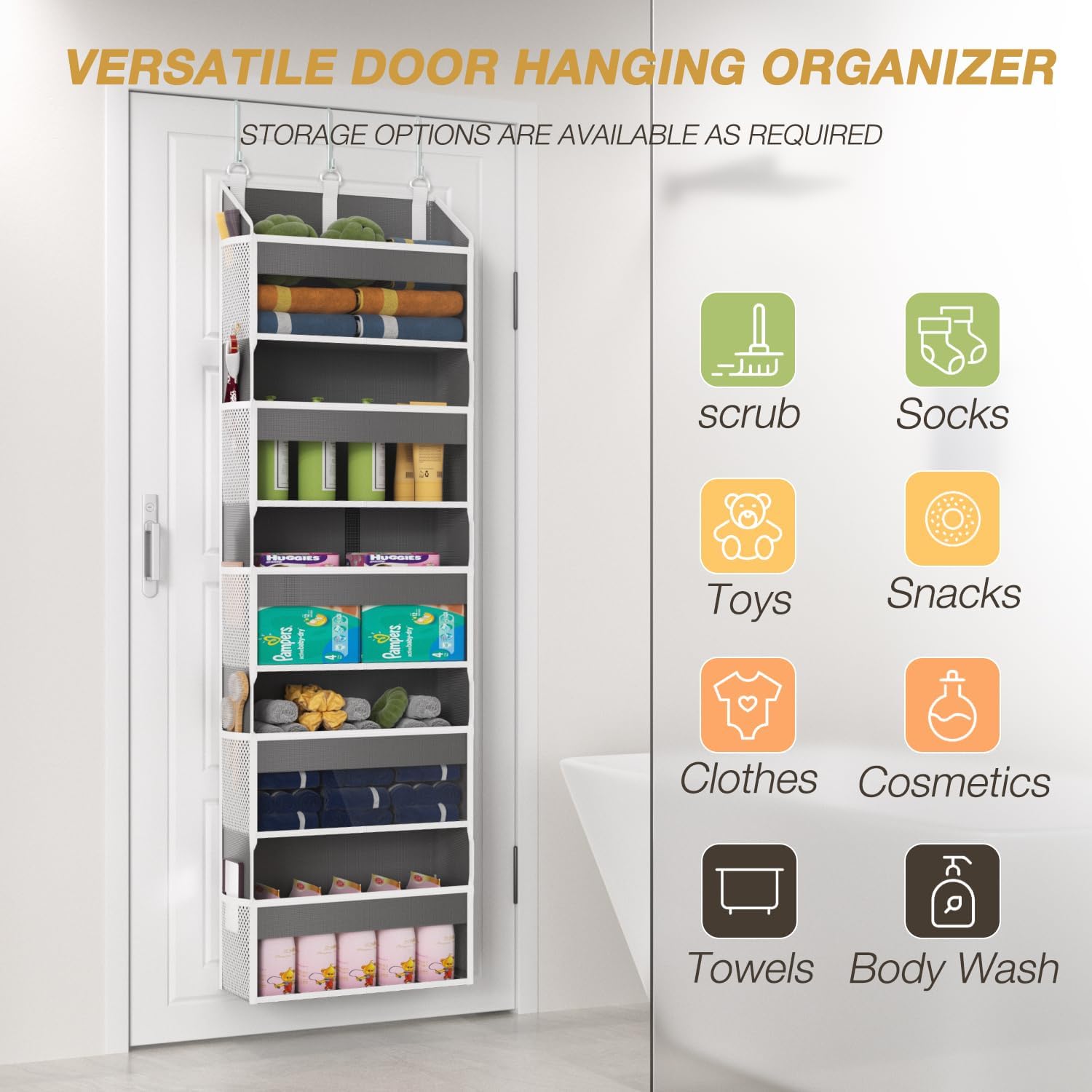 Over the Door Organizer with 5 Front & 10 Mesh Side Pockets, 50LB Capacity Extra Large Hanging Storage Organizer Multi-Room Space-Saving Design with 3 Sturdy Hook for Closet, Bathroom, Kitchen, Pantry