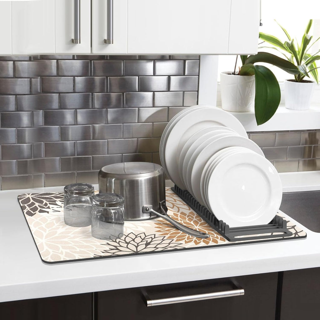 Findosom 2PCS 12" x 20" Dish Drying Mat & 24" x 5.5" Sink Splash Guard, Super Absorbent & Cuttable Dish Mat Drying Kitchen Mat with Brown Floral, Hide Stain Drying Mat for Kitchen Counter