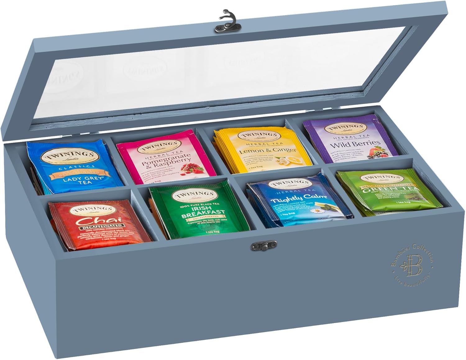 Bambsi Tea Bag Organizer - Bamboo Tea Box Organizer Storage Box, Tea Bag Holder with Acrylic Window, Magnetic Lid Keeps Tea Bags Fresh - Tea Organizer Caddy (Tea Not Included) Christmas Gift - Grey