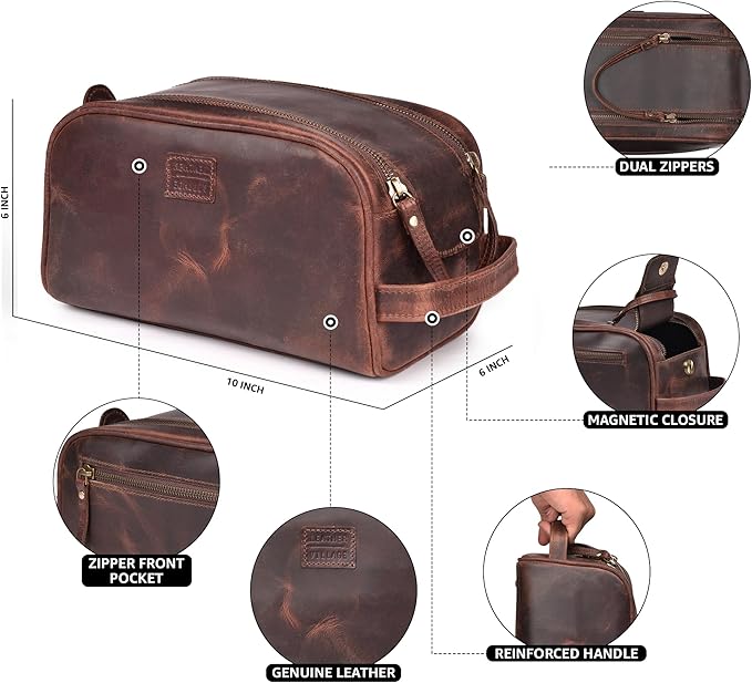 LEATHER VILLAGE Premium Leather Toiletry Travel Pouch With Waterproof Lining - Dark Brown | King-Size Handcrafted Vintage Dopp Kit Bag