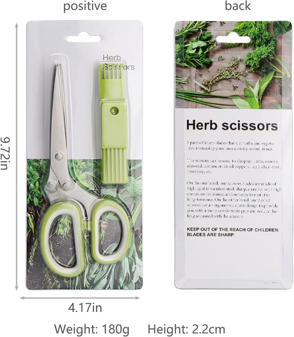 Gourmet Herb Scissors Set Multipurpose Cutting Shears with Stainless Steel 5 Blades, Herb Stripper, Safety Cover Cleaning Comb for Cutting Cilantro Onion Salad (Green)