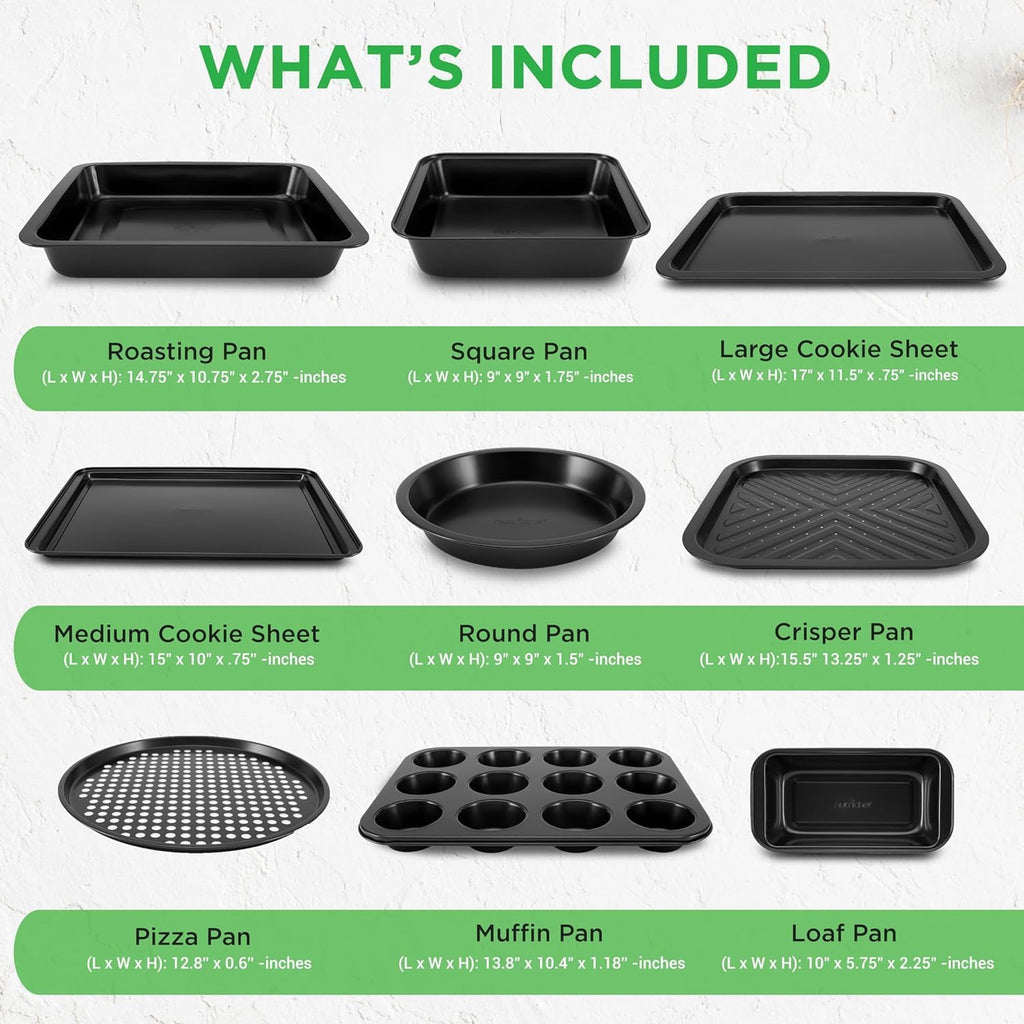 10-Piece Kitchen Oven Baking Pans - Deluxe Carbon Steel Bakeware Set with Stylish Non-stick Gray Coating Inside and Out, Dishwasher Safe & PFOA, PFOS, PTFE Free - NutriChef