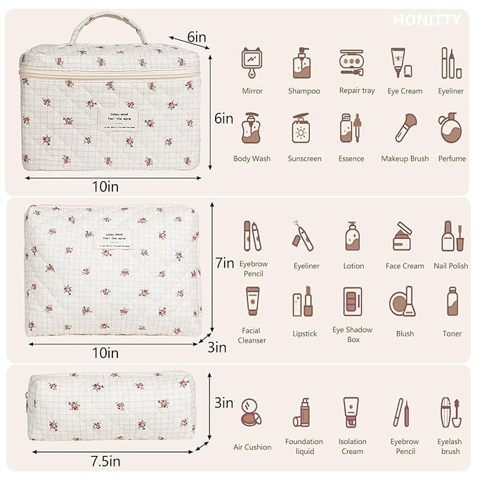Makeup Bag,Quilted Cosmetic Bags,Large Floral Make Up Organize bag,Makeup Bag Set for Women,Flower Travel Toiletry Bag