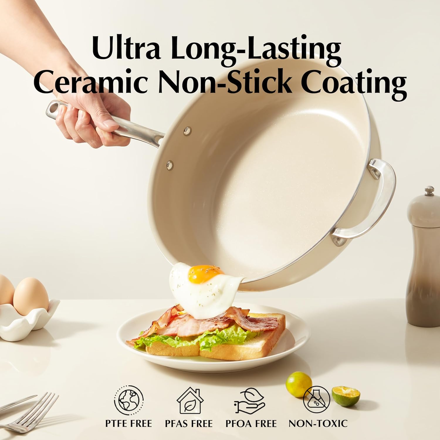 Redchef Ceramic Saute Pan with Lid, Nonstick Deep Frying Pan, 5QT Jumbo Cooker with Helper Handle & Lid, Non Toxic Ceramic Cooking Pan, Chef Pan, Dishwasher & Oven Safe, PFAS PFOA & PTFE Free