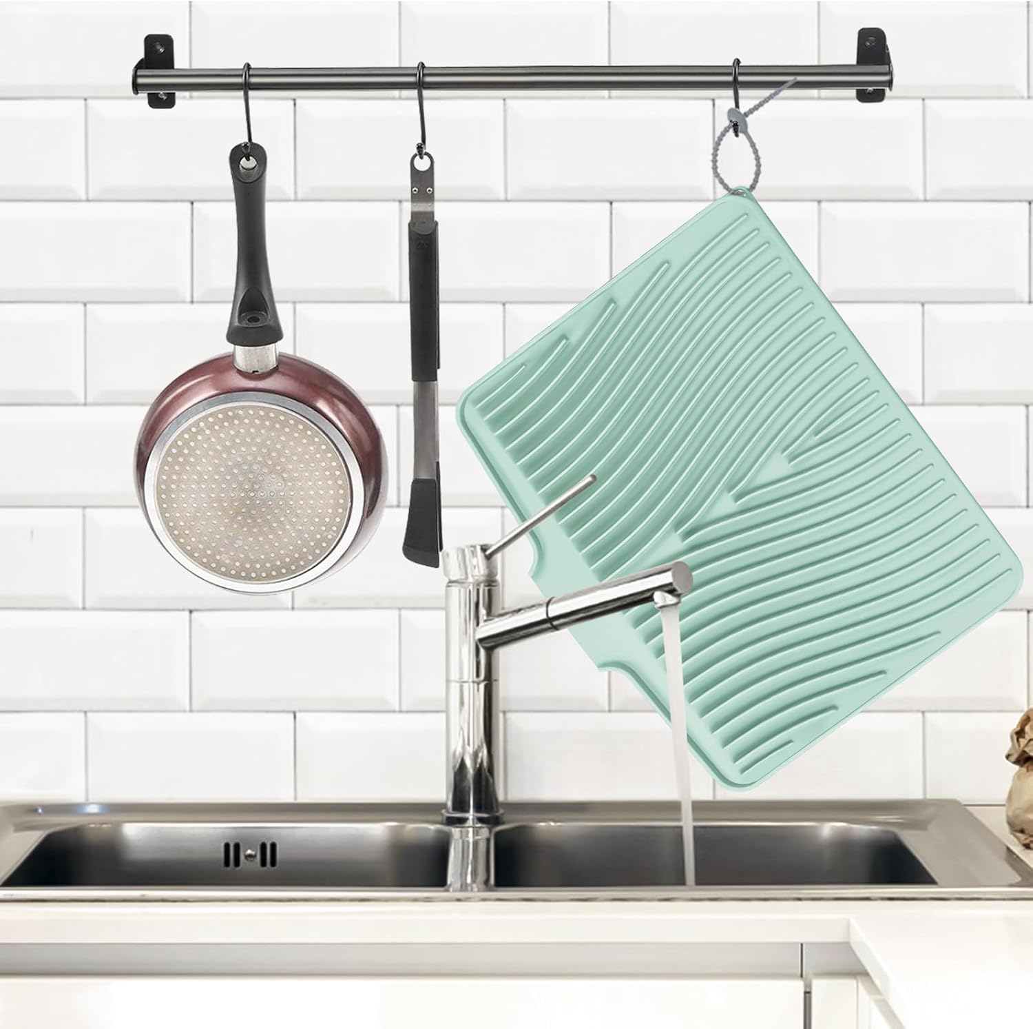 Dish Drying Mat, Stone Drying Mat for Kitchen Counter with Built-in Drain, Non-Slip Drying Matt Kitchen Counter, Heat Resistant Silicone Drying Mat, Dish Drying Pad, 2 Pcs (Mint 19.7" x 17")