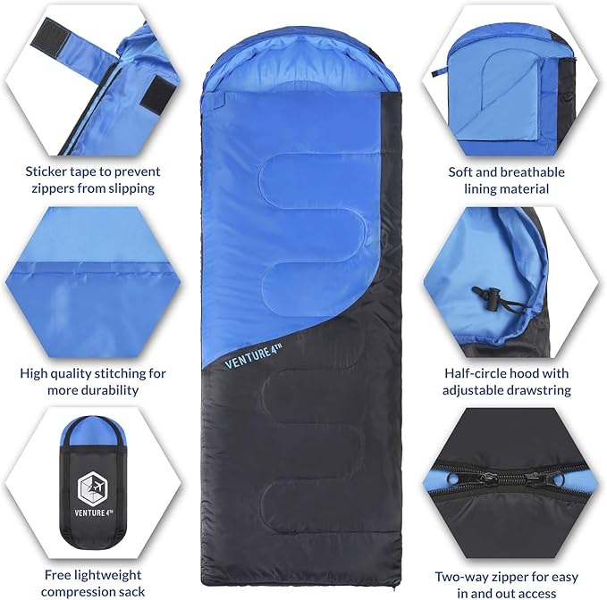 VENTURE 4TH Backpacking Sleeping Bag – XXL, Double and Single Sizes - Lightweight Warm & Cold Weather Sleeping Bags for Adults, Kids & Couples – Ideal for Hiking, Camping & Outdoor Adventures