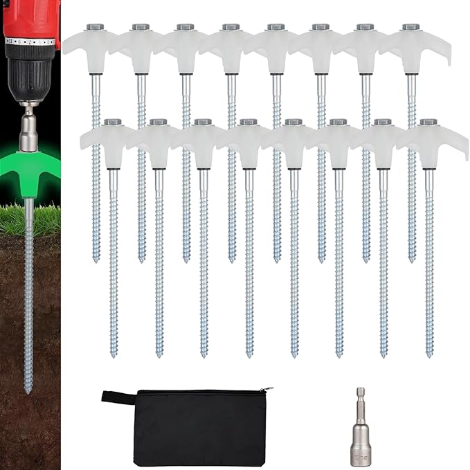 16 Pack Screw in Tent Stakes Heavy Duty,8 Inch Ground Anchors Screw in,Metal Stakes with Hex Head Driver,Camping Tent Accessories.(Luminous White)