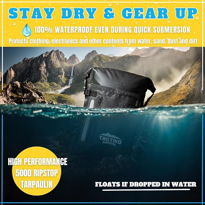 30L Heavy-Duty 100% Waterproof Backpack - Equipment Pocket, Carabiner - Roll Top Floating Dry Bags (Jet Black)