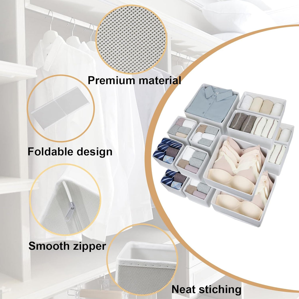 16 Pcs Drawer Organizer,Fabric Closet Organizer and Storage Baskets,Foldable Drawer Divider for Clothing,Sock,Ties,Underwear Drawer Organizers,Cabinet Storage Boxes (White)