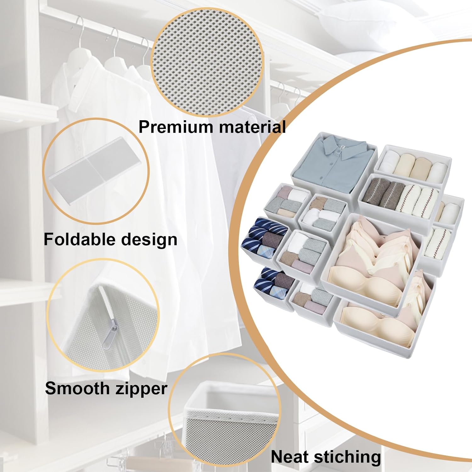 16 Pcs Drawer Organizer,Fabric Closet Organizer and Storage Baskets,Foldable Drawer Divider for Clothing,Sock,Ties,Underwear Drawer Organizers,Cabinet Storage Boxes (White)