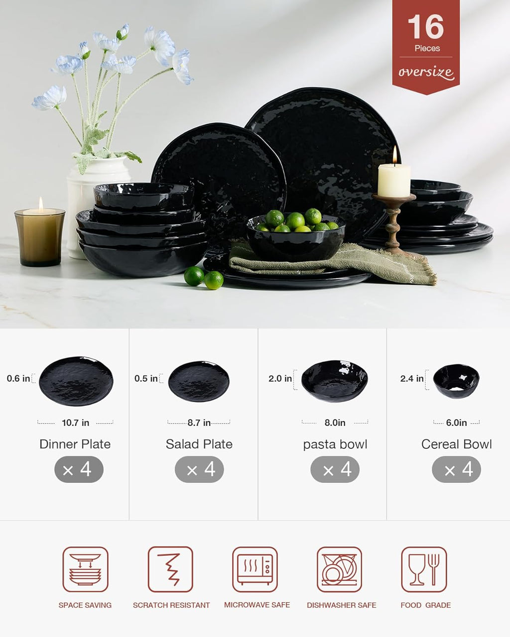 Famiware Porcelain kitchen plates and bowls set, Modern dishes set for 4, Handmade Wave Edge Dinnerware Sets, Microwave and Dishwasher Safe Tableware, Glossy-black (16pc)