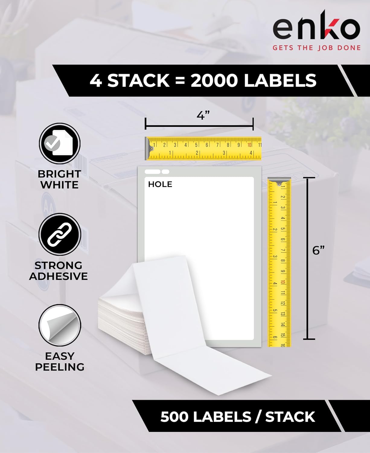 enKo Products - 4" x 6" Fanfold Direct Thermal Labels - White Shipping Labels, Perforated, Permanent Adhesive for Rollo, Zebra Printers (4 Stack, 2000 Labels) 500 Labels/Stack - Commercial Grade