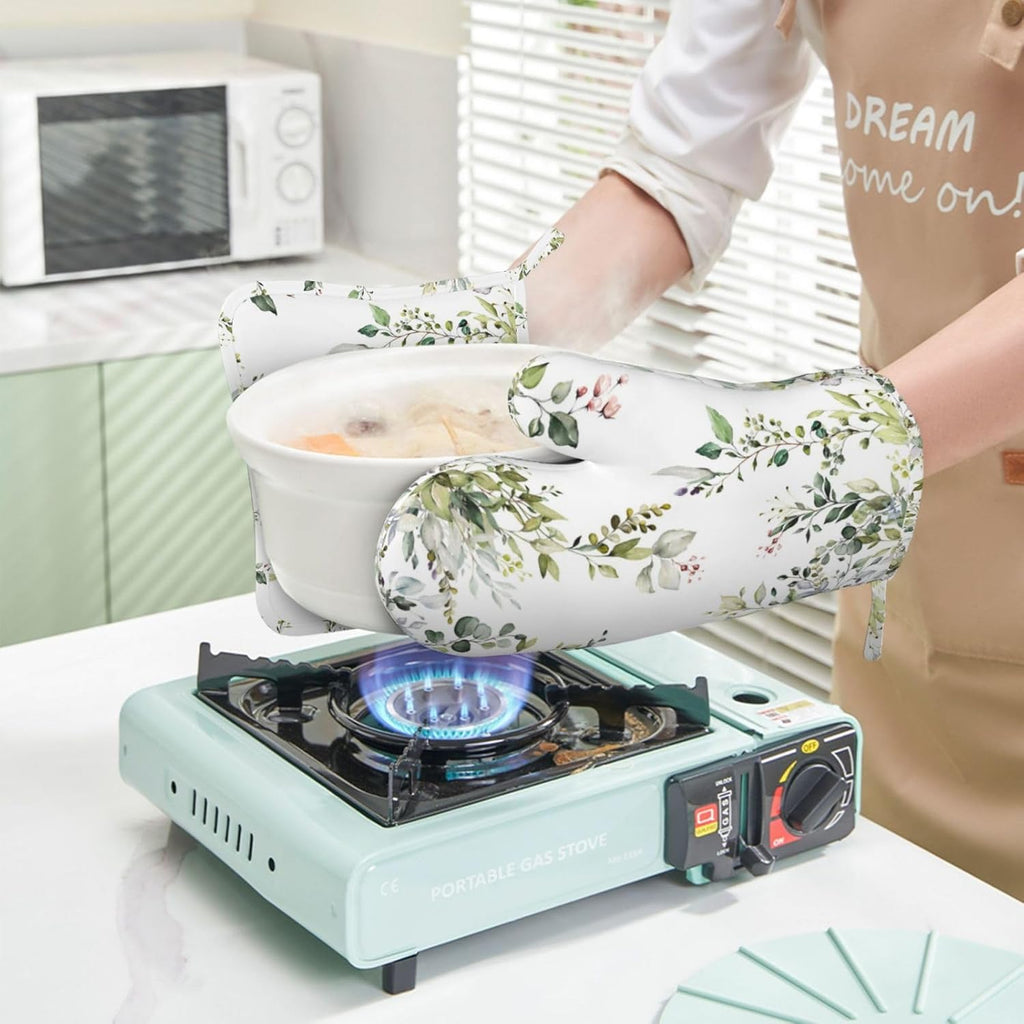 Sage Green Eucalyptus Oven Mitts and Pot Holders Sets Silicone Watercolor Butterfly Leaves Kitchen Mitts Potholders Heat Resistant 4Pcs Oven Gloves Hot Pads for Kitchen Baking Cooking