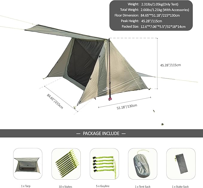 Sirius Two Ultralight Backpacking Tent, 2 Person Trekking Pole, Waterproof, Compact, Single Wall, Bushcraft Shelter for Camping, Hiking, Kayaking