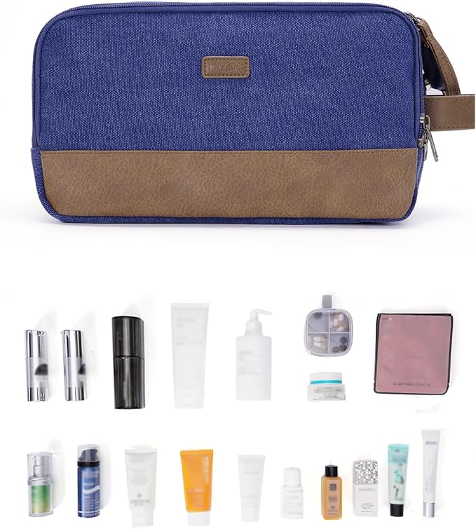WANDF Toiletry Bag for Men Travel Toiletry Organizer Canvas and Leather Dopp Kit Water-Resistant Shaving Bag for Travel Accessories (Blue, Patent Pending)