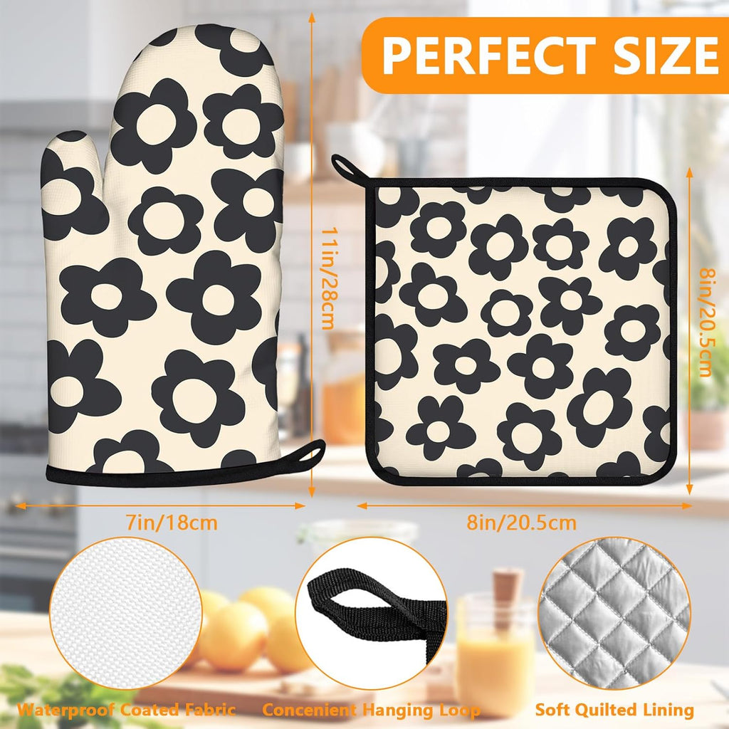 Daisy Flowers Oven Mitts and Pot Holders Sets 4Pcs,Extra Long Oven Gloves Potholder for Kitchen Cooking Baking BBQ 100% Cotton Heat Resistant