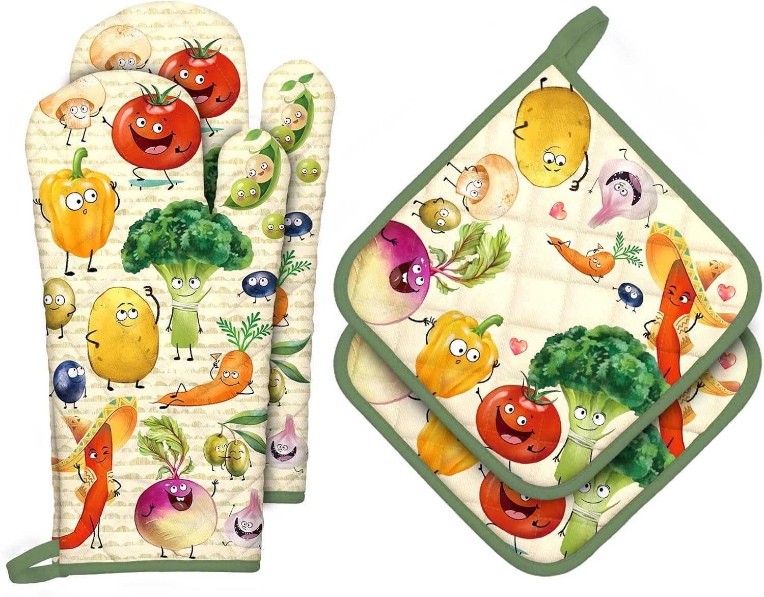 Vegetables Oven Mitts and Pot Holders Sets 4Pcs, 100% Cotton Heat Resistant, Extra Long Oven Gloves Potholder for Kitchen Cooking Baking Decoration