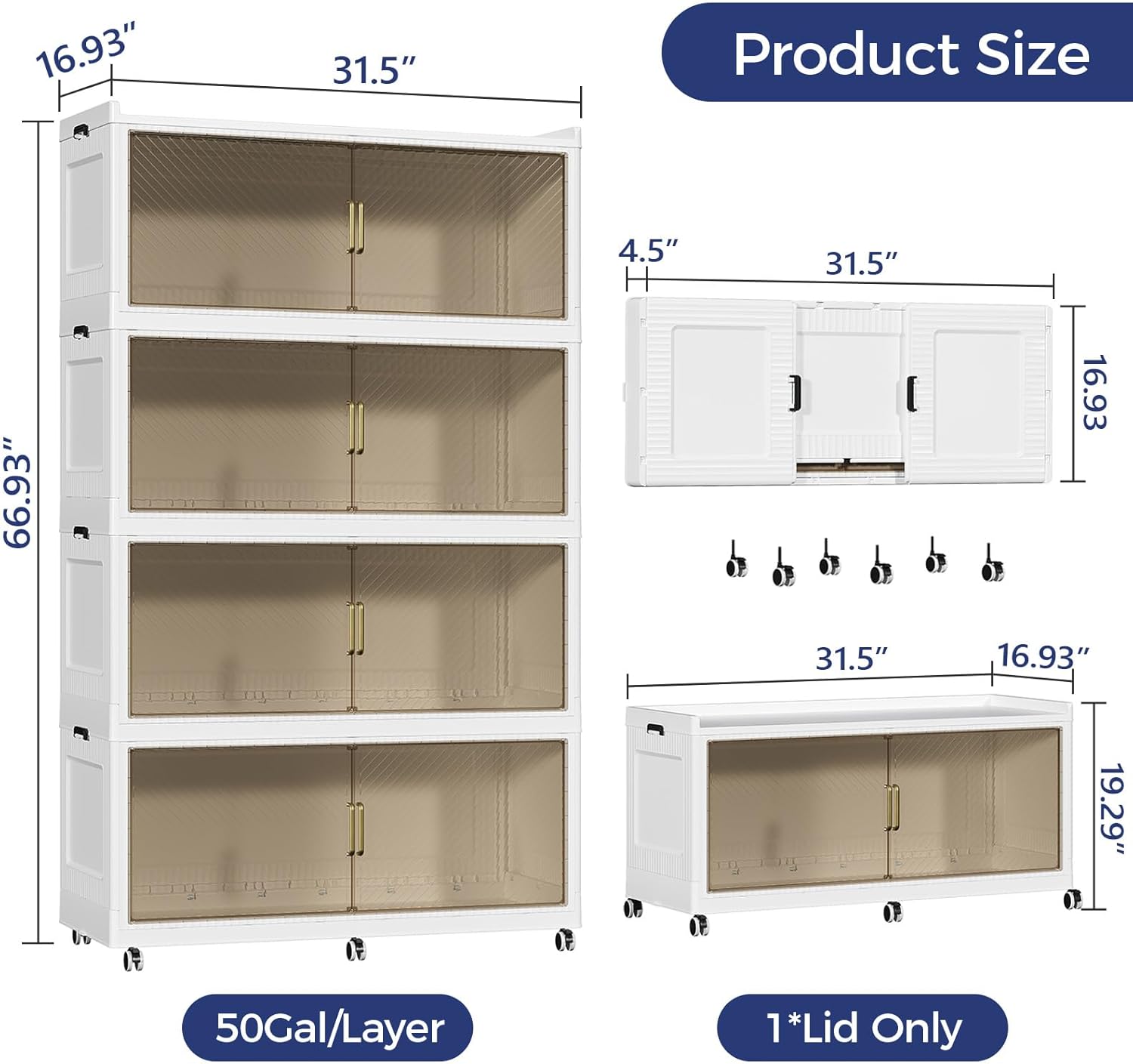 200GAL Extra Large Storage Bins with Lid, 800QT Plastic Stackable Storage Bins with 6x Wheels, Collapsible Closet Organizer and Storage Drawer Cabinet for Living Room Office Dorm, 4Pack White