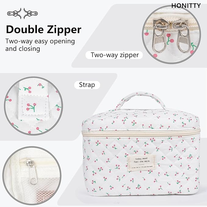 Makeup Bag,Quilted Cosmetic Bag,Large Floral Make Up Bag for Women,Cotton Makeup Bag Set,Flower Travel Toiletry Bag