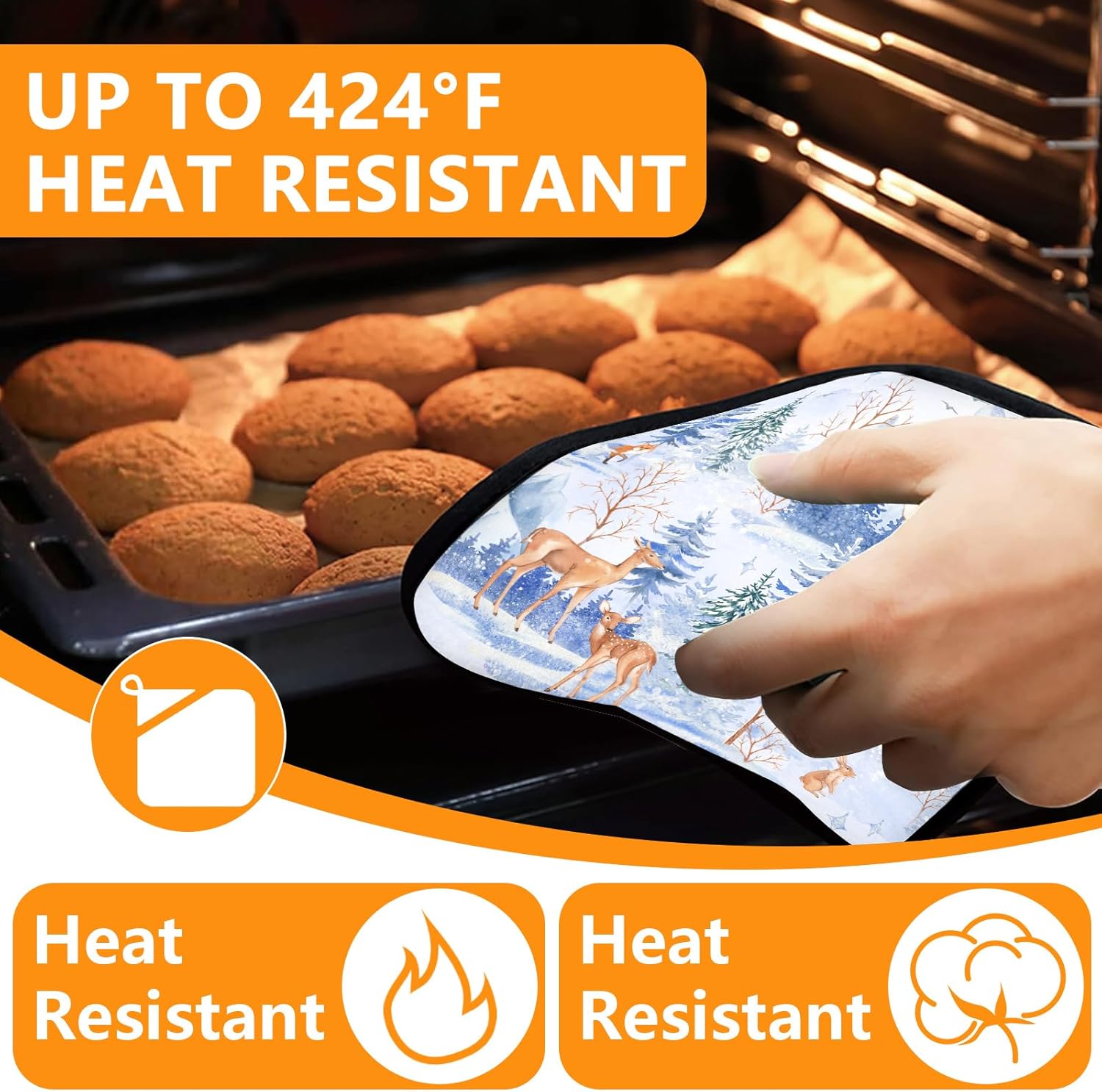 Deer Mitts and Pot Holders Sets 4Pcs,Extra Long Oven Gloves Potholder for Kitchen Cooking Baking BBQ 100% Cotton Heat Resistant