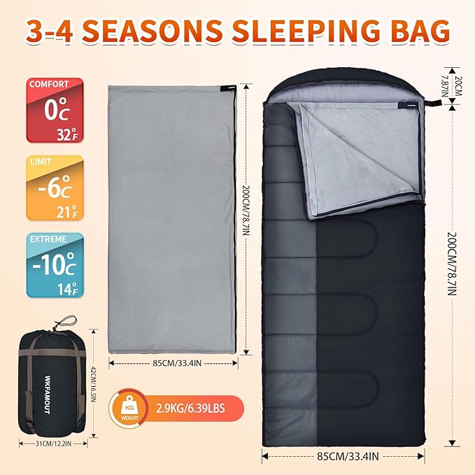 XL 10 Degree Sleeping Bags Waterproof for Adults 350GSM Machine Washable with Compression Sack for 3-4 Season Camping Outdoor