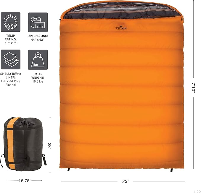 Teton Mammoth Queen Size Double Sleeping Bag- A Warm Bag The Whole Family can Enjoy – Great for Camping, Hunting and Base Camp. Compression Sack Included