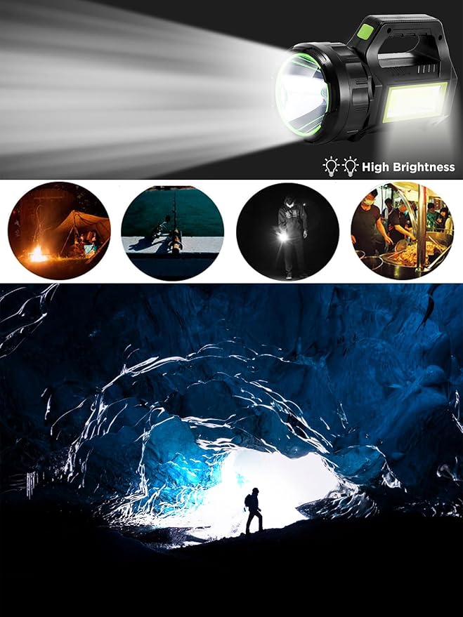 LED Searchlight LED Lantern, Solar Rechargeable Super Bright 10000LM Handheld LEDs Spotlight, Multifunctional Camping Lamp Work Lights, 7 Light Modes, Power Bank, IPX4 Waterproof, for Emergency