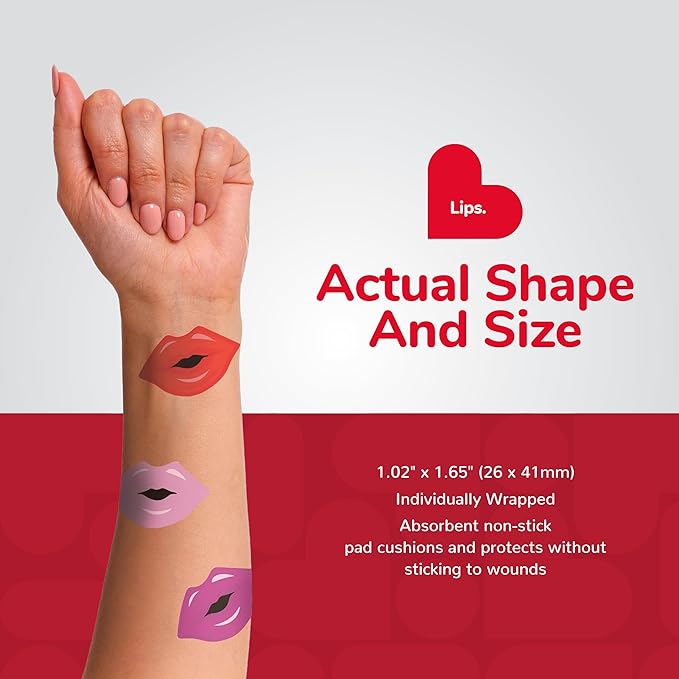 BioSwiss Bandages, Lips Shaped Self Adhesive Bandage, Latex Free Sterile Wound Care, Fun First Aid Kit Supplies for Kids, 24 Count