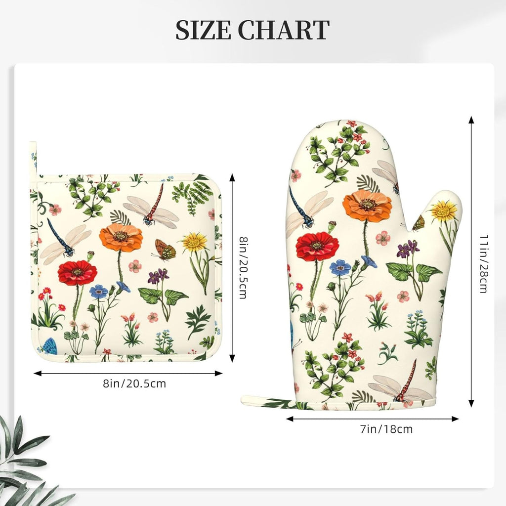 Vintage Floral Dragonfly Oven Mitts and Pot Holders 4 pcs Set Silicone Kitchen Spring Butterfly Leaves Oven Mitt Gloves Pot Holders Non-Slip Heat Resistant Cooking Mitts Set for Kitchen Baking