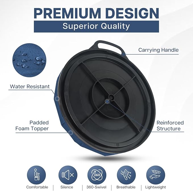 5 Gallon Bucket Seat with Swivel Lid, Padded Top for Cozy Sitting, Outdoor Fishing, Hunting, Gardening, Baseball Training, Dark Blue