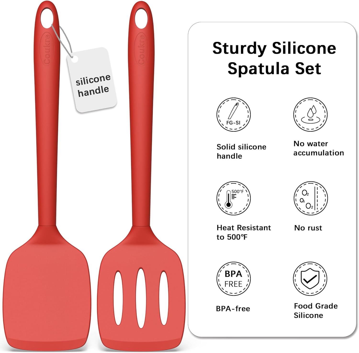Coukre 2 Pack Silicone Spatula Set, High Heat Resistant, BPA Free Kitchen Spatula, Solid & Slotted Turner for Non-Stick Pans, Sautéing, and Flipping (2, PureRed)