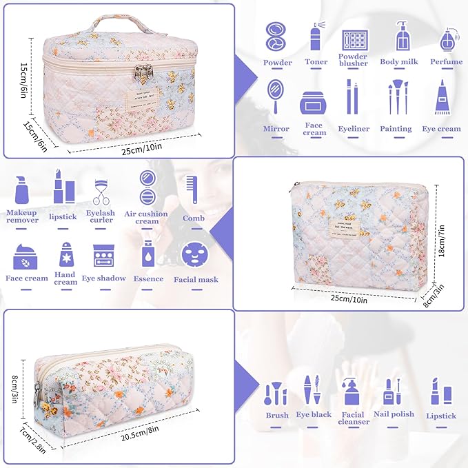 Makeup Bag Set, Quilted Makeup Bag, Large Floral Cosmetic Bag for Women, Cute Cotton Makeup Bags, Flower Travel Toiletry Organizer Bag (Folk Style)