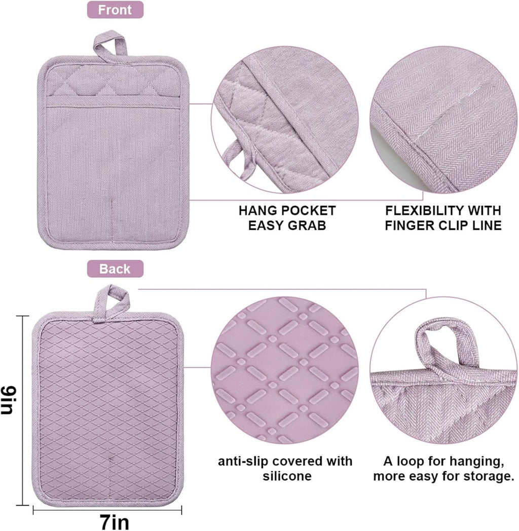 Pot Holders Yarn-Dyed Set of 3 Non Slip Silicone Kitchen Lines Heat Resistant 500℉ Kitchen Gloves BBQ Cooking Baking Cooking Barbecue Microwave Machine Washable (Purple Pot Holders)