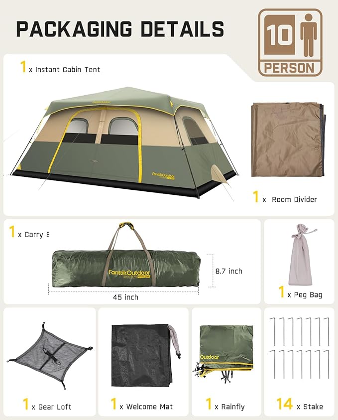 FanttikOutdoor Camping Tent 4/6/8/10 Person Instant Cabin Tent Setup in 60 Seconds with Rainfly & Windproof Portable with Carry Bag for Family Camping & Hiking, Upgraded Ventilation