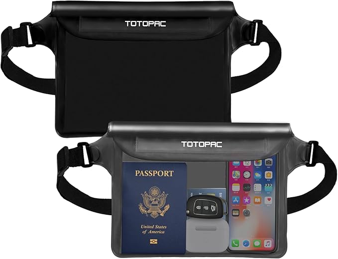 2-Pack Waterproof Fanny Pack, Phone Pouch with Waist Strap, 9x6.7 Inch Dry Bag for Phone, Cash, and Valuables – for Swimming, Kayaking, Boating, Snorkeling, and Water Sports (2, Black + Grey)