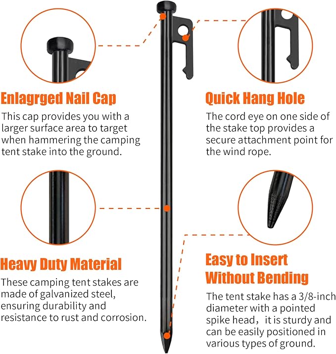 Eurmax USA 10 inch Multiuse Heavy Duty Steel Tent Stakes Tarp Pegs Camping Stakes for Outdoor Camping Canopy and tarp with 4 Ropes 10FT Length