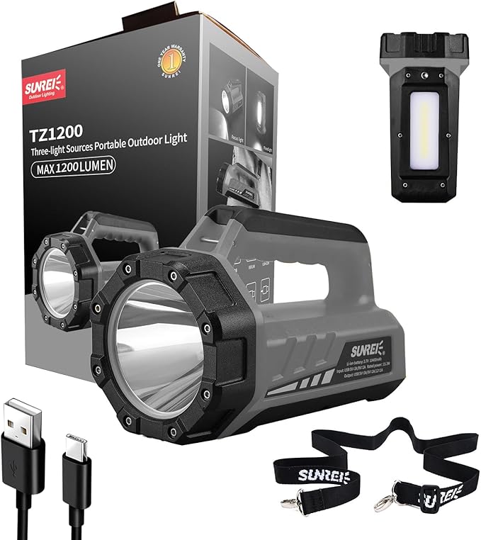 SUNREI Rechargeable LED 1200LM Flashlight, 8 Light Modes Portable Camping Lantern, 10400mAh Power Bank, IP67 Waterproof for Emergencies Power Outages, Hurricane Emergency, Hiking, Home, etc