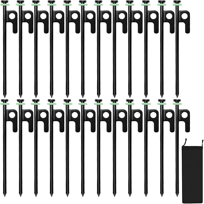 24Pcs Tent Stakes, 8in Heavy Duty Tent Stakes with Storage Pouch, Forged Steel Tent Sakes Metal, Metal Stakes for Tent Used on Grassland, Snowfield, Dessert(24Pcs, 8in, Diameter 1/4")