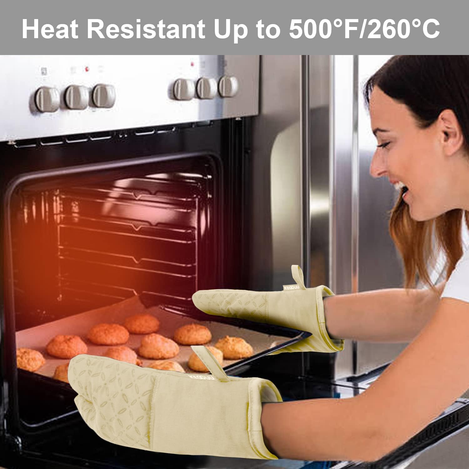 KEGOUU Oven Mitts and Pot Holders 6pcs Set, Kitchen Oven Glove High Heat Resistant 500 Degree Extra Long Oven Mitts and Potholder with Non-Slip Silicone Surface for Cooking (Beige)