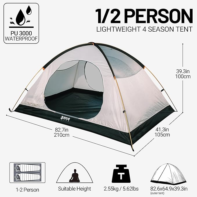 Himalaya 1/2 Person Camping Tent, 4 Season Tent Backpacking Winter Tent Waterproof Windproof Lightweight Portable PU5000 for Outdoor Camping Cold Weather Hiking Mountaineering