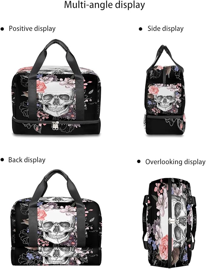 Skull Travel Duffel Bag, Floral Skull Weekender Overnight Bag Large Carry On Bag, Waterproof Sports Gym Bag Tote Workout Duffel Bag for Men Women