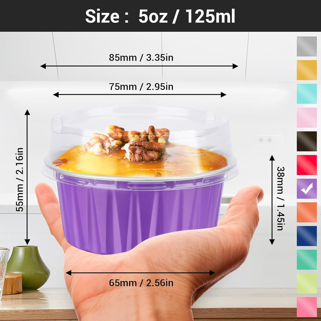 EUSOAR Mini Cake Pan, 30pcs 5oz Disposable Aluminum Foil Cupcake Liners Ramekins Baking Cups, Dessert Cups with Lids Mini Aluminum Cheesecake Pan Creme Brulee Ramekins-Lavender