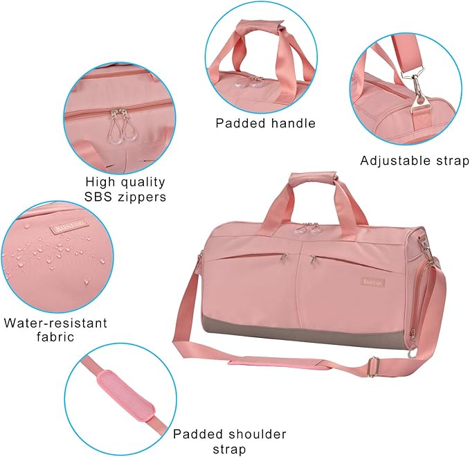 Kuston Sports Gym Bag with Shoes Compartment &Wet Pocket Gym Duffel Bag Overnight Bag for Men and Women-Pink