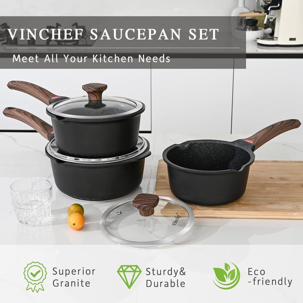 VINCHEF Sauce Pan Set with Lid 10PCS, 2QT+3QT+4QT Non Stick Sauce Pots Cooking Induction Pot set, Silicone Tools and Pot Protectors, PFAS and PFOA Free Black