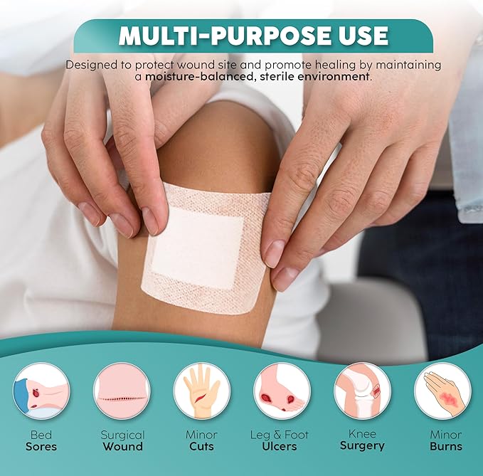 Elleirb Water-Resistant Island Dressing 4x4, Non-Stick Pads w/Adhesive Border Bandages for Wounds | 60 Individually Packed Wound Care & Dressings, Sterile Highly Absorbent, Latex-Free First-Aid Kits