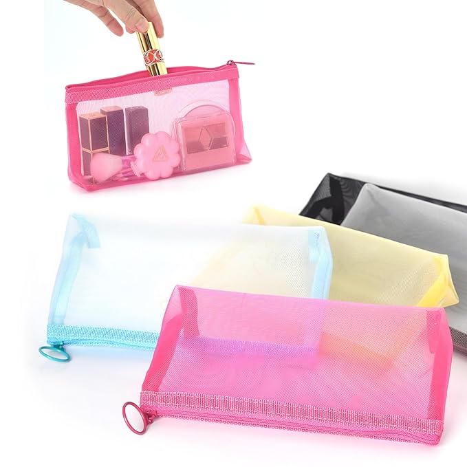 Patu Zipper Mesh Bags, Widened Long Case, 5 Pieces, Beauty Makeup Cosmetic Accessories Organizer, Travel Toiletry Kit Set Storage Pouch, Assorted Colors