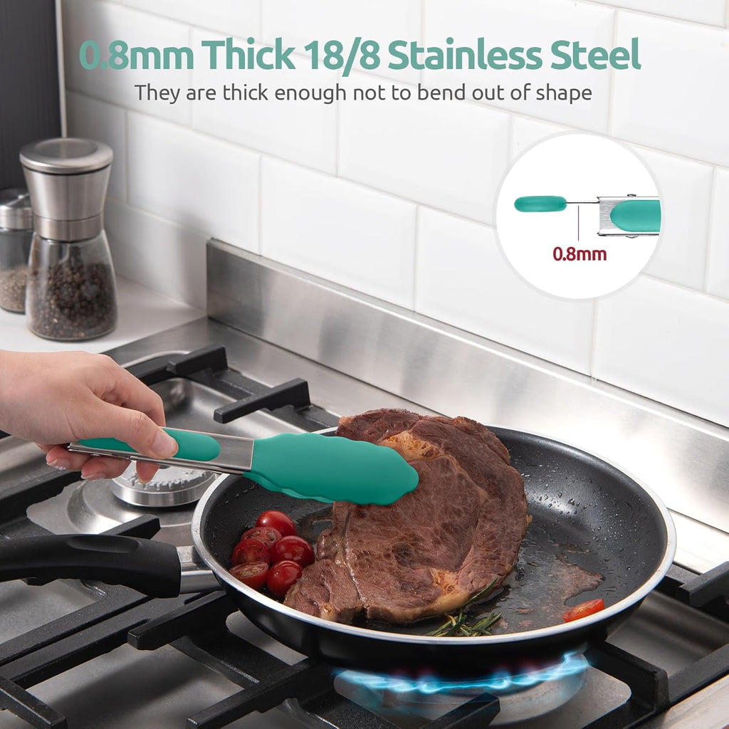 480ºF Heat Resistant Kitchen Tong: U-Taste 7in Silicone Cooking Tong with Firm Sealed Non Stick Rubber Tips & Silicon Coated 18/8 Stainless Steel Handle & Smooth Locking for Serving Salad (Aqua Sky)