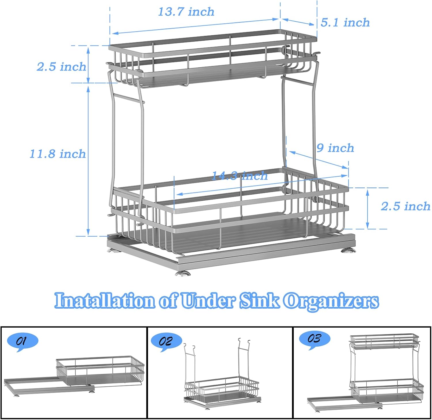 2 Pack Under Sink Organizers and Storage, 2 Tier Pull Out Cabinet Organizer, Metal Sliding Drawer Storage for Kitchen Bathroom，Gray